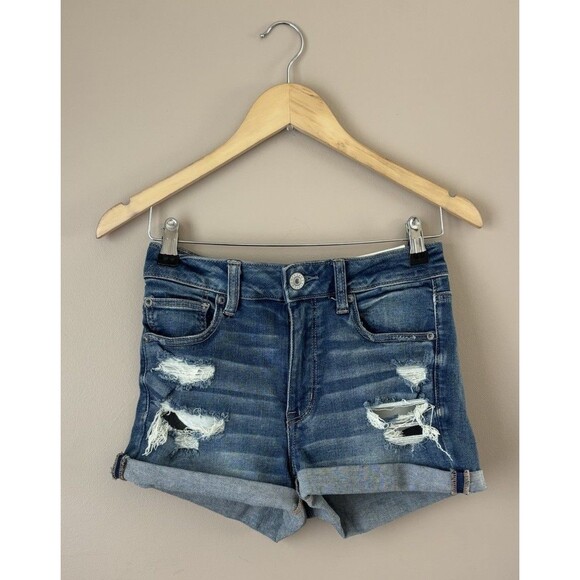 American Eagle Outfitters Pants - AEO Hi-Rise Shortie Next Level Stretch Light Wash Denim Shorts Size 8 Distressed